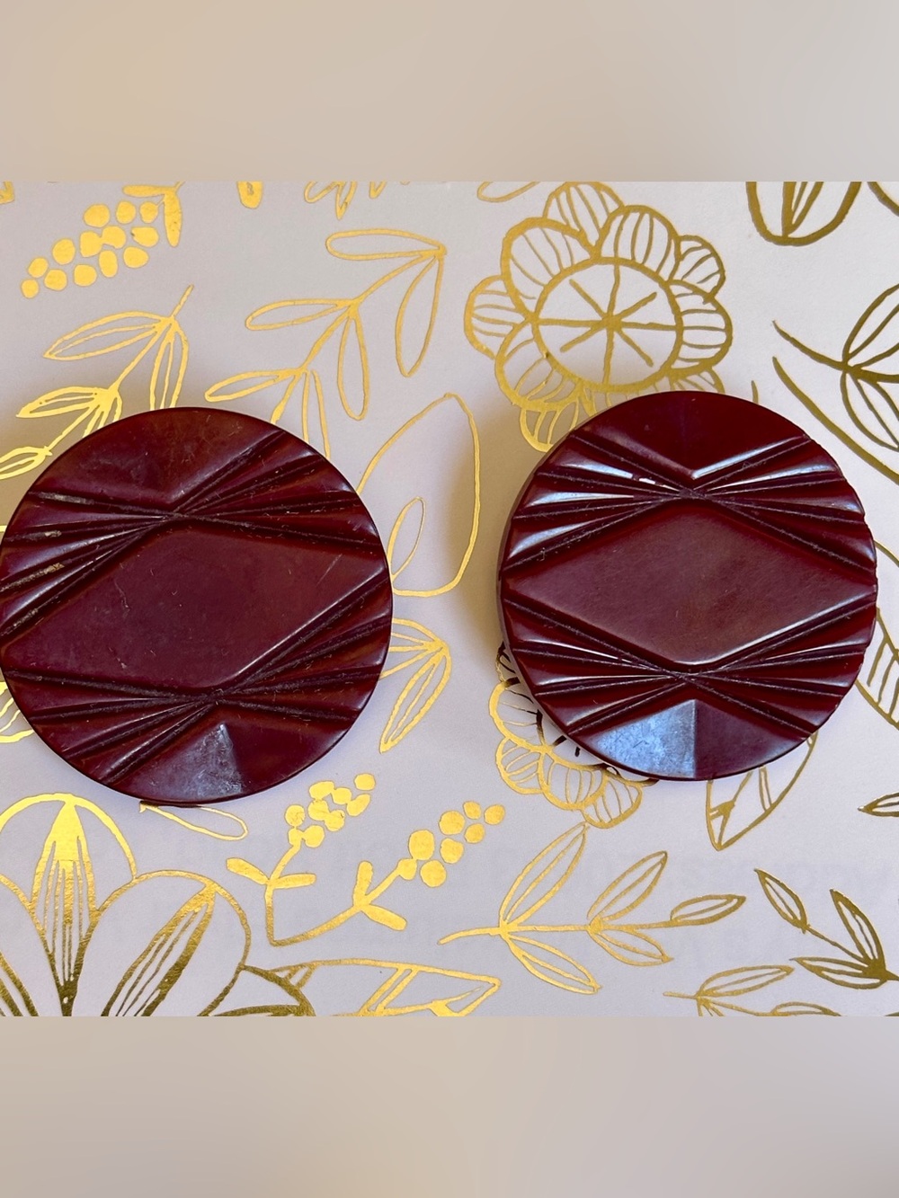 Vintage Bakelite Deep Burgundy Carved Coat Buttons – Set of 2 – Large Geometric